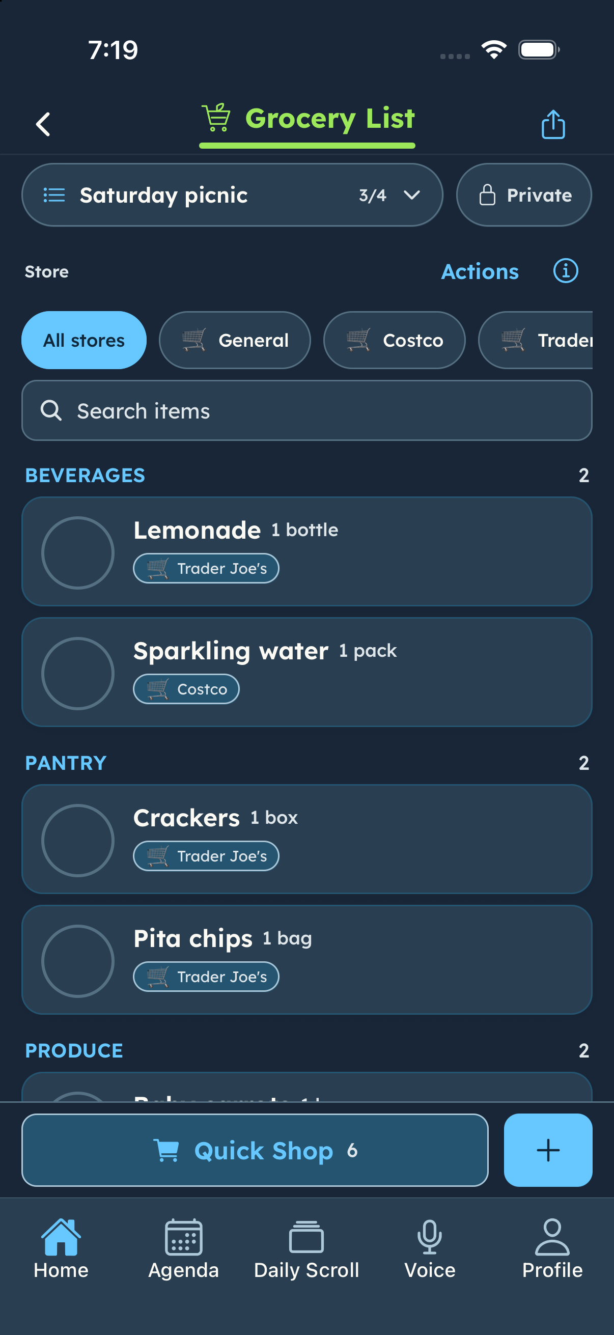 Saturday picnic list with six needed items across stores, including lemonade, sparkling water, crackers and pita chips.