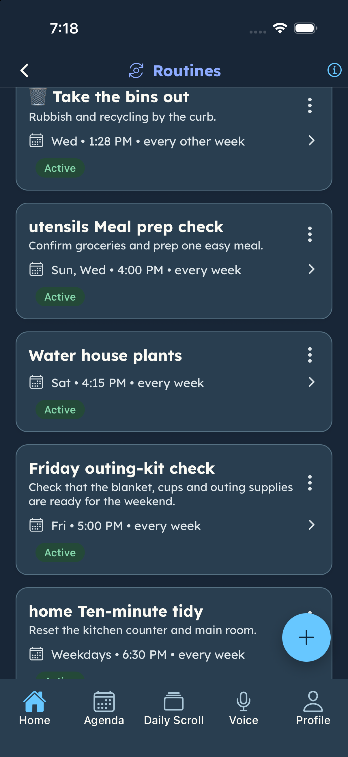 Routine library with Friday outing-kit check scheduled weekly at 5:00 PM.