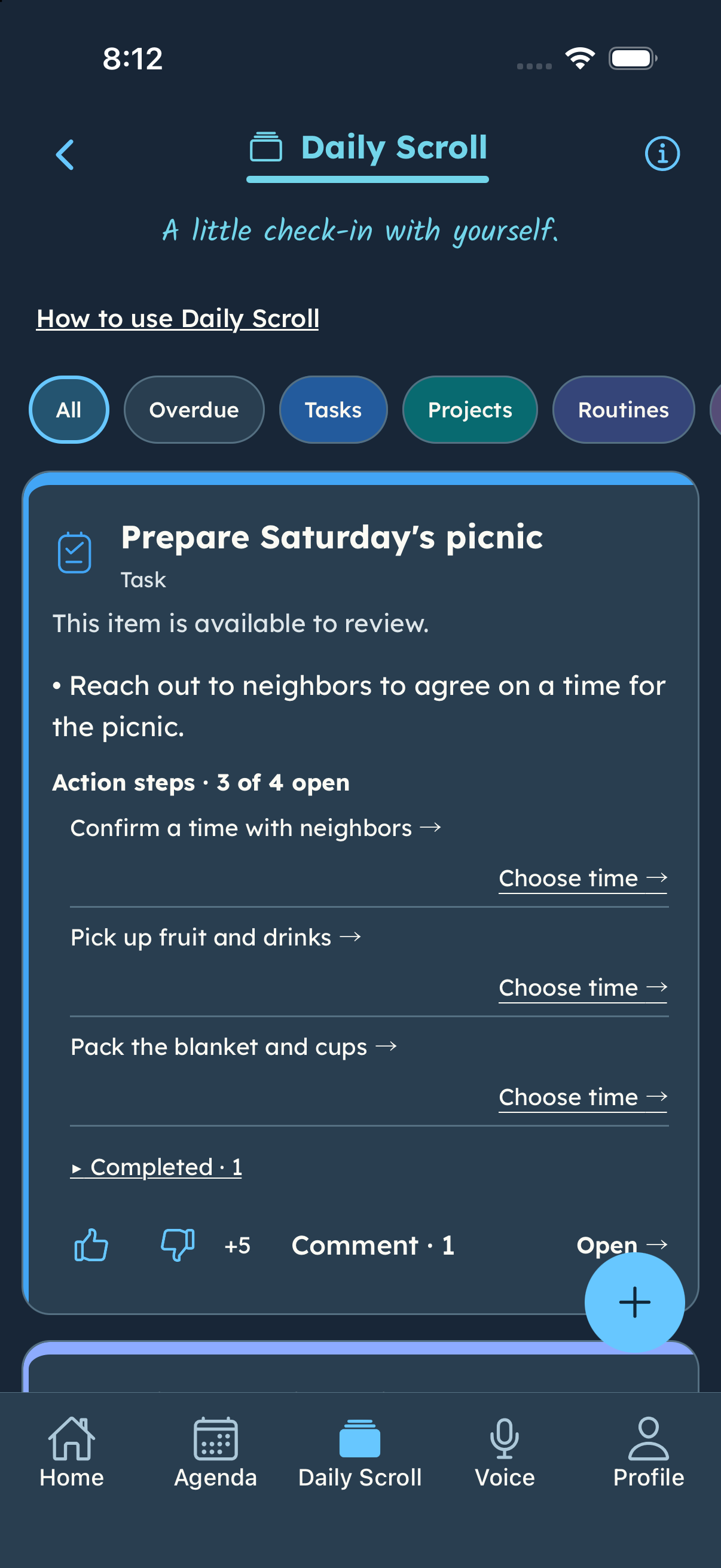 Daily Scroll picnic task with three open action steps, Choose time links, +5 reactions and one comment.