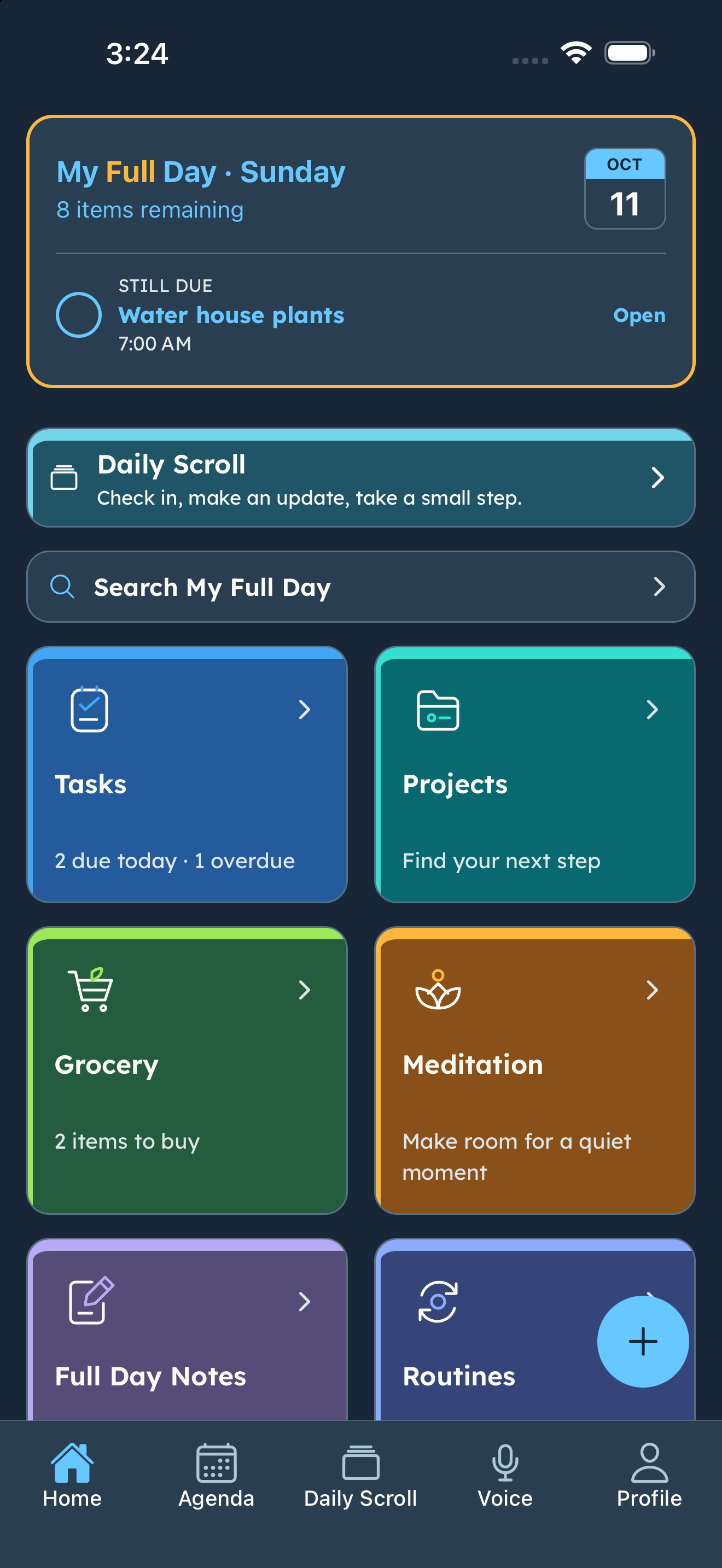 My Full Day Home on iPhone, with today’s summary, Daily Scroll and colorful module tiles.