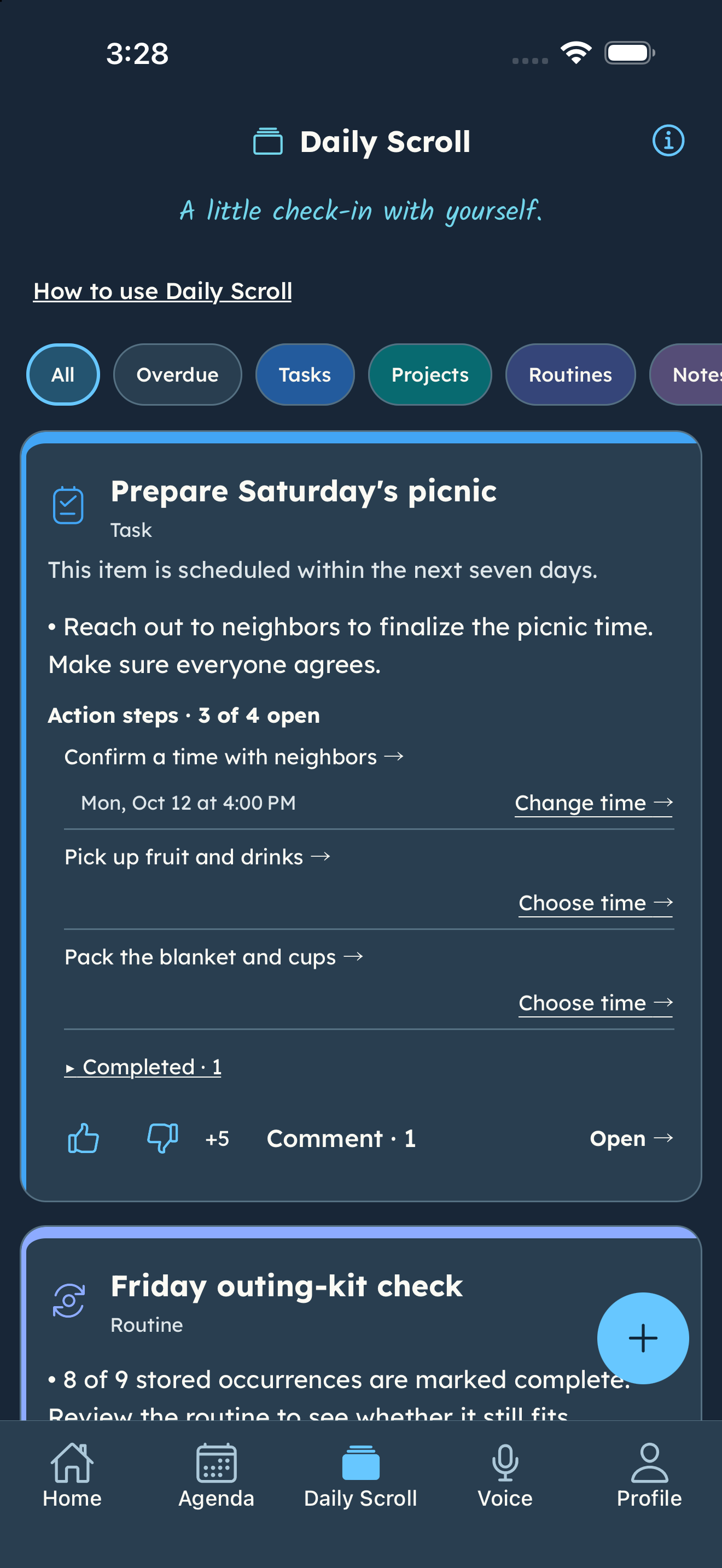 Daily Scroll on iPhone with the picnic task, action steps, reactions and a private comment.