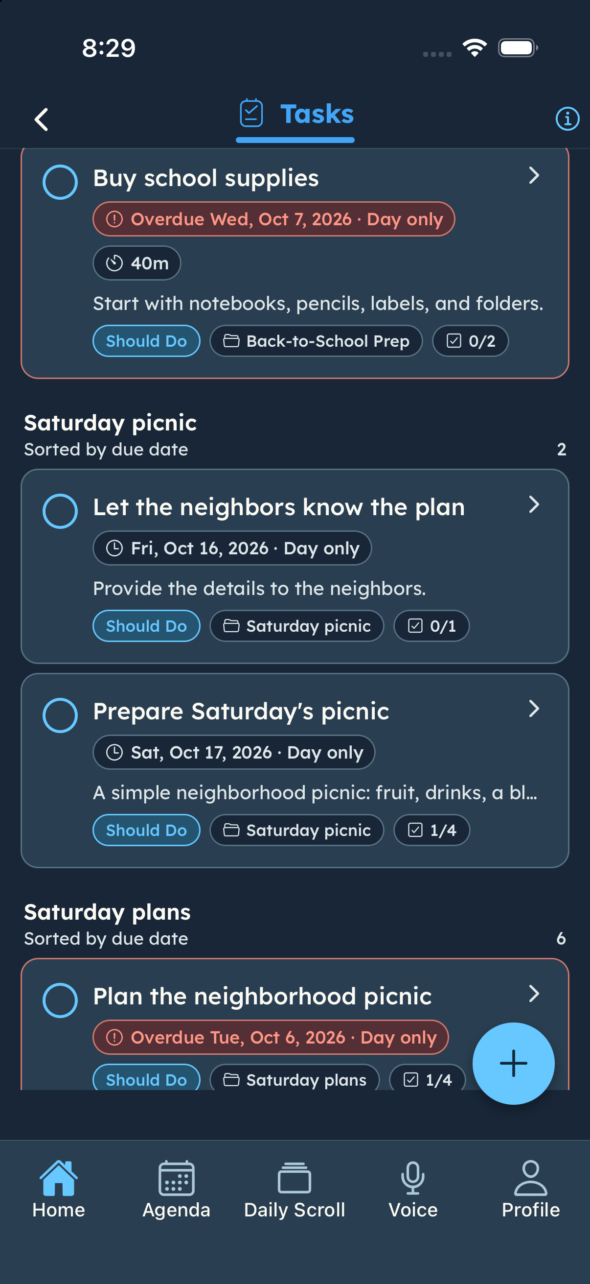 Tasks grouped by project, including Prepare Saturday’s picnic and other overdue examples.